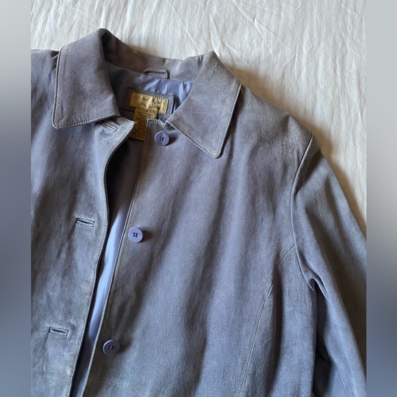 Vintage 90s Suede Button Up Jacket Overcoat, Grey/Periwinkle - Picture 2 of 6